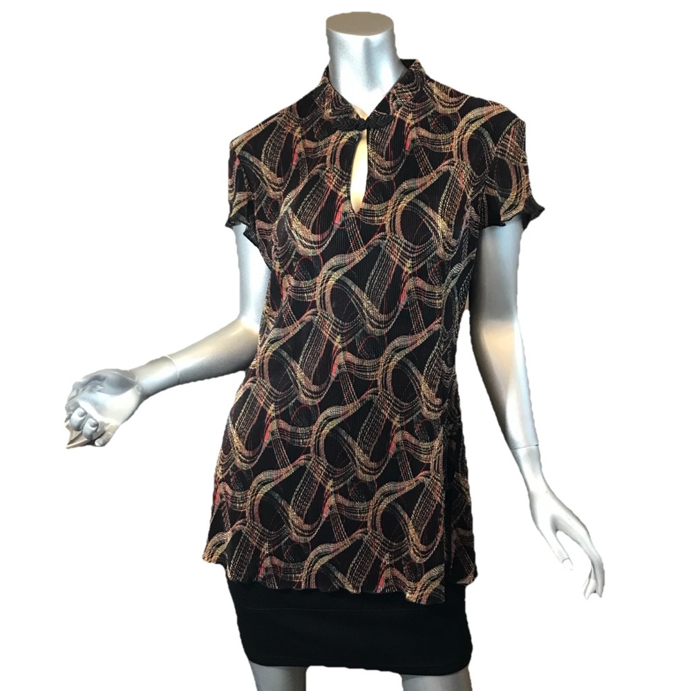Connected Apparel Blouse Size 12 Crinkle Ribbed Mock Neck Tunic Top Keyhole